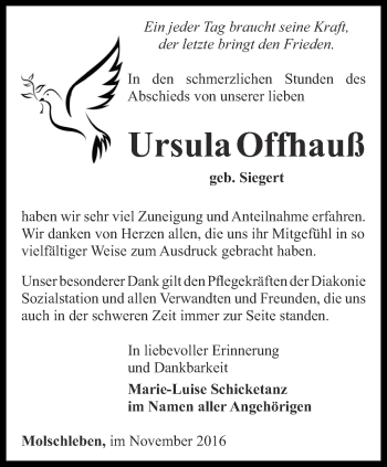 Traueranzeige von Ursula Offhauß von Ostthüringer Zeitung, Thüringische Landeszeitung