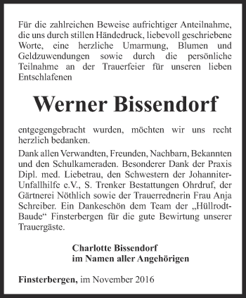 Traueranzeige von Werner Bissendorf von Ostthüringer Zeitung, Thüringische Landeszeitung