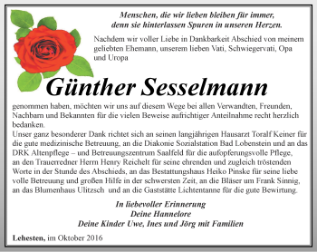 Traueranzeige von Günther Sesselmann von Ostthüringer Zeitung