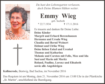 Traueranzeige von Emmy Wieg von Thüringer Allgemeine