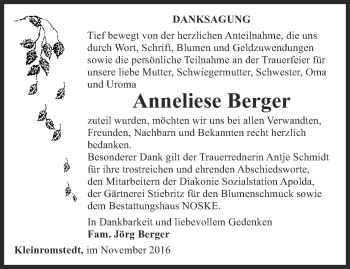 Traueranzeige von Anneliese Berger von Thüringer Allgemeine, Thüringische Landeszeitung