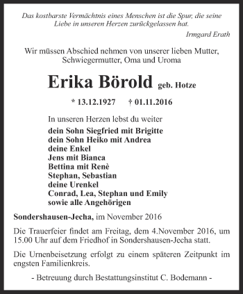 Traueranzeige von Erika Börold von Thüringer Allgemeine