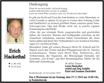 Traueranzeige von Erich Hackethal von Thüringer Allgemeine