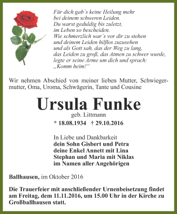 Traueranzeige von Ursula Funke von Thüringer Allgemeine, Thüringische Landeszeitung