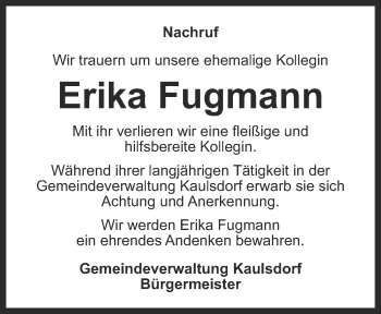 Traueranzeige von Erika Fugmann von Ostthüringer Zeitung