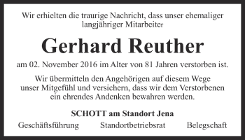 Traueranzeige von Gerhard Reuther von Ostthüringer Zeitung, Thüringische Landeszeitung