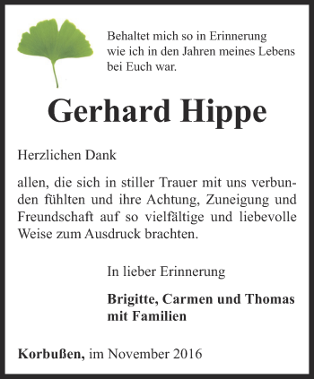 Traueranzeige von Gerhard Hippe von Ostthüringer Zeitung