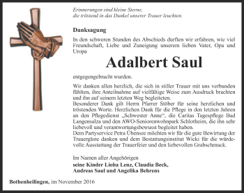 Traueranzeige von Adalbert Saul von Thüringer Allgemeine, Thüringische Landeszeitung