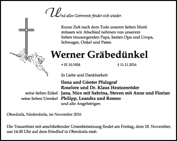 Traueranzeige von Werner Gräbedünkel von Thüringer Allgemeine, Thüringische Landeszeitung