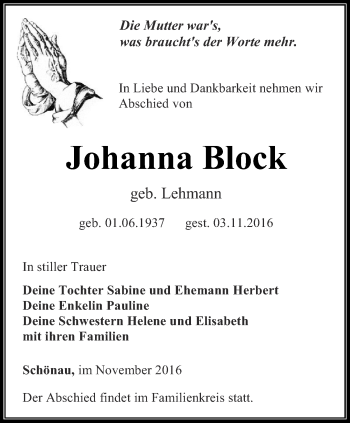 Traueranzeige von Johanna Block von Thüringer Allgemeine, Thüringische Landeszeitung