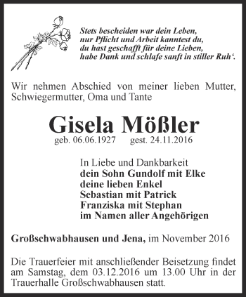 Traueranzeige von Gisela Mößler von Thüringer Allgemeine, Thüringische Landeszeitung