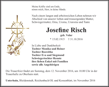Traueranzeige von Josefine Risch von Ostthüringer Zeitung