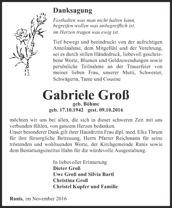 Traueranzeige von Gabriele Groß von Ostthüringer Zeitung