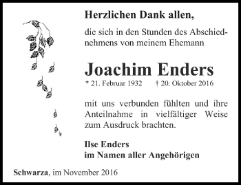 Traueranzeige von Joachim Enders von Ostthüringer Zeitung