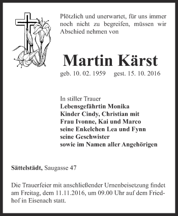 Traueranzeige von Martin Kärst von Thüringer Allgemeine, Thüringische Landeszeitung