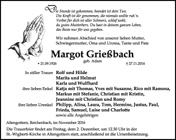 Traueranzeige von Margot Grießbach von Thüringer Allgemeine, Thüringische Landeszeitung