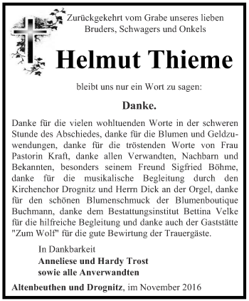 Traueranzeige von Helmut Thieme von Ostthüringer Zeitung