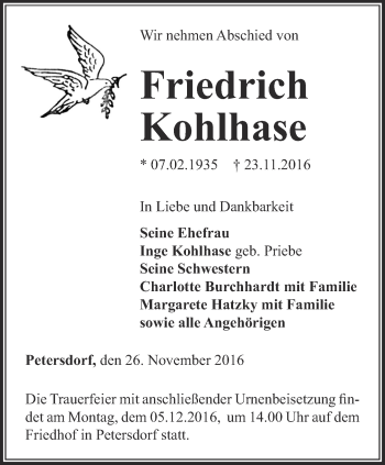 Traueranzeige von Friedrich Kohlhase von Thüringer Allgemeine