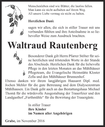 Traueranzeige von Waltraud Rautenberg von Thüringer Allgemeine, Thüringische Landeszeitung
