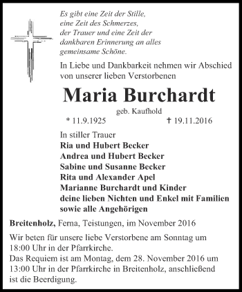 Traueranzeige von Maria Burchardt von Thüringer Allgemeine