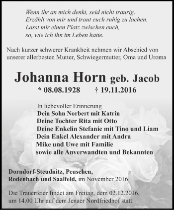 Traueranzeige von Johanna Horn von Ostthüringer Zeitung, Thüringische Landeszeitung