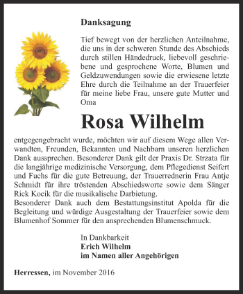 Traueranzeige von Rosa Wilhelm von Thüringer Allgemeine, Thüringische Landeszeitung