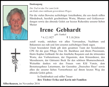 Traueranzeige von Irene Gebhardt von Thüringer Allgemeine