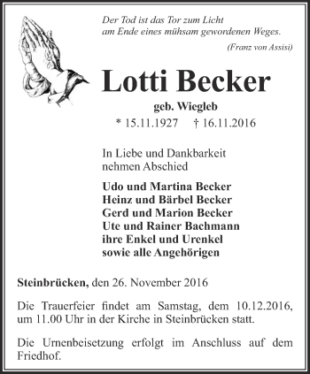 Traueranzeige von Lotti Becker von Thüringer Allgemeine