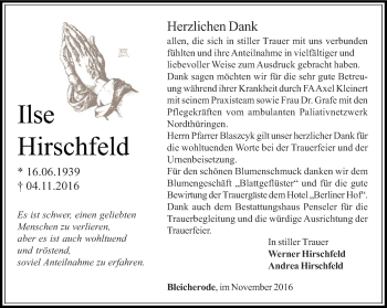 Traueranzeige von Ilse Hirschfeld von Thüringer Allgemeine