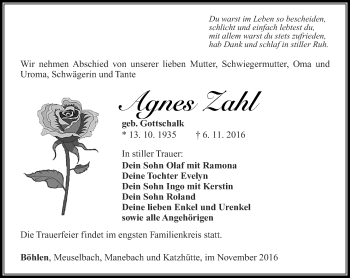 Traueranzeige von Agnes Zahl von Thüringer Allgemeine