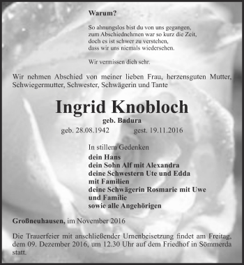 Traueranzeige von Ingrid Knobloch von Thüringer Allgemeine