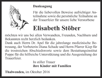 Traueranzeige von Elisabeth Stöber von Thüringer Allgemeine