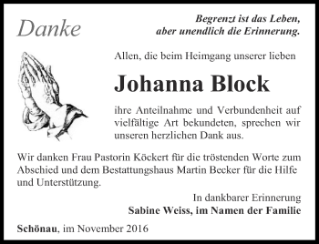 Traueranzeige von Johanna Block von Thüringer Allgemeine, Thüringische Landeszeitung