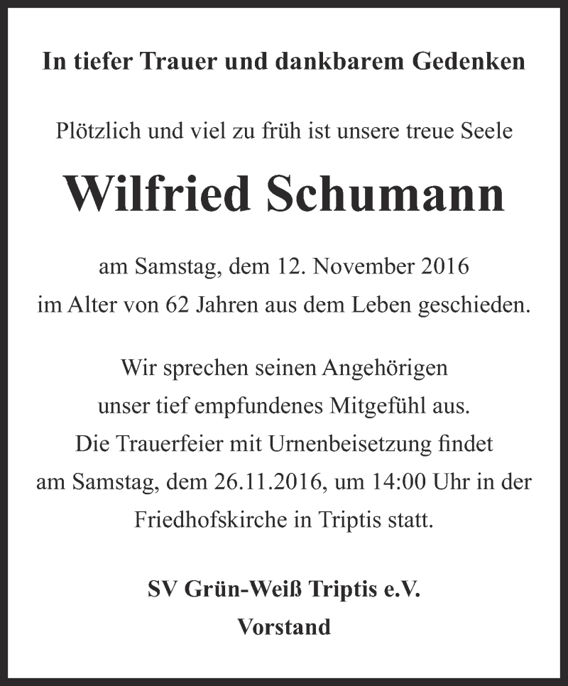  Traueranzeige für Wilfried Schumann vom 23.11.2016 aus Ostthüringer Zeitung