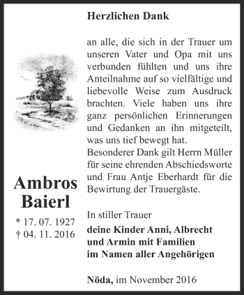 Traueranzeige von Ambros Baierl von Thüringer Allgemeine, Thüringische Landeszeitung