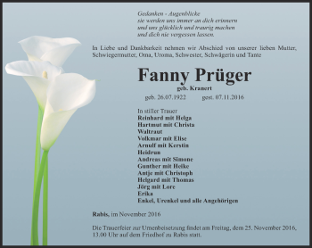 Traueranzeige von Fanny Prüger von Ostthüringer Zeitung, Thüringische Landeszeitung