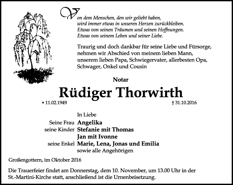  Traueranzeige für Rüdiger Thorwirth vom 05.11.2016 aus Thüringer Allgemeine, Thüringische Landeszeitung