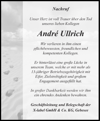 Traueranzeige von André Ullrich von Ostthüringer Zeitung, Thüringische Landeszeitung