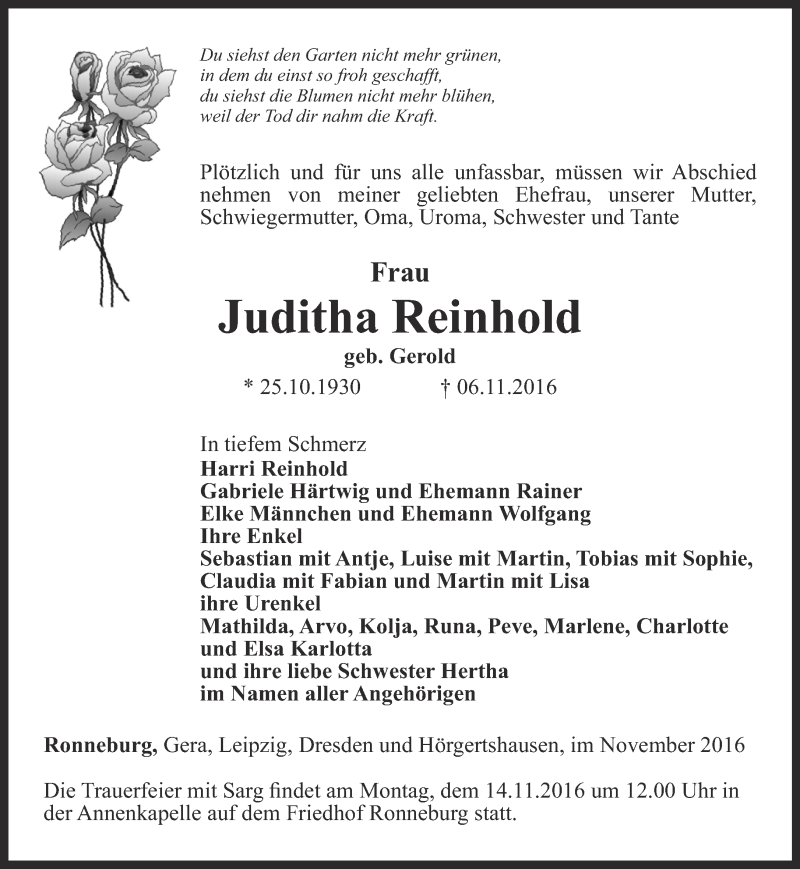  Traueranzeige für Juditha Reinhold vom 11.11.2016 aus Ostthüringer Zeitung
