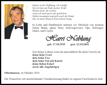 Traueranzeige von Harri Neblung von Thüringer Allgemeine