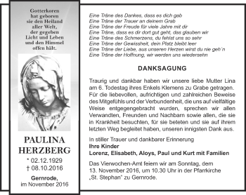 Traueranzeige von Paulina Herzberg von Thüringer Allgemeine