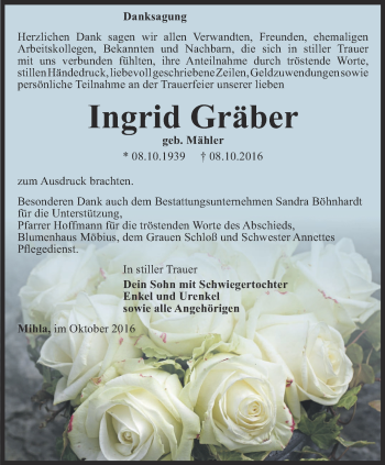 Traueranzeige von Ingrid Gräber von Thüringer Allgemeine, Thüringische Landeszeitung