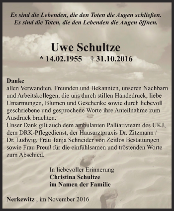 Traueranzeige von Uwe Schultze von Ostthüringer Zeitung, Thüringische Landeszeitung