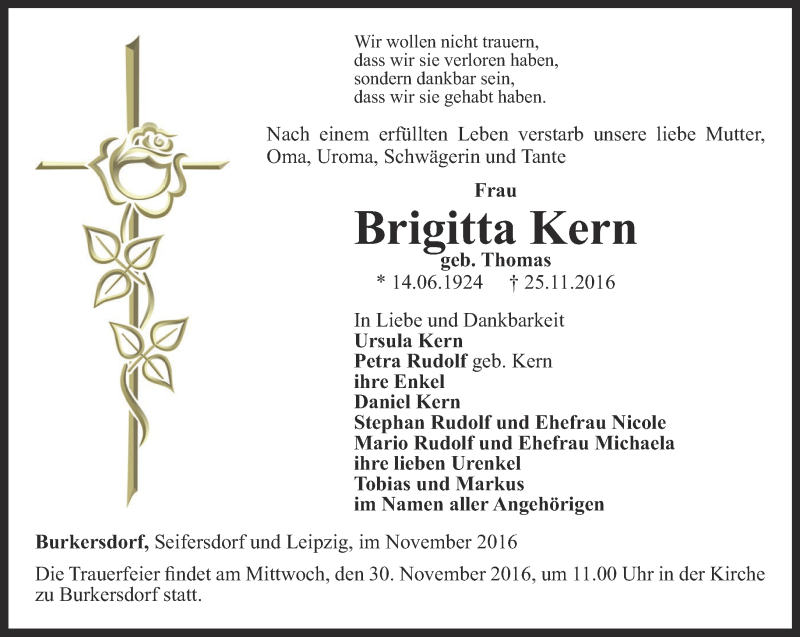  Traueranzeige für Brigitta Kern vom 28.11.2016 aus Ostthüringer Zeitung