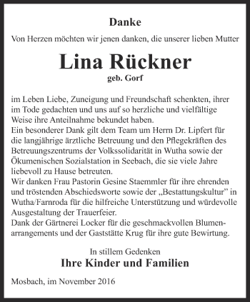 Traueranzeige von Lina Rückner von Thüringer Allgemeine, Thüringische Landeszeitung