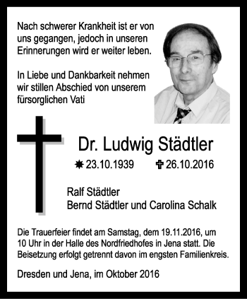 Traueranzeige von Ludwig Städtler von Ostthüringer Zeitung, Thüringische Landeszeitung