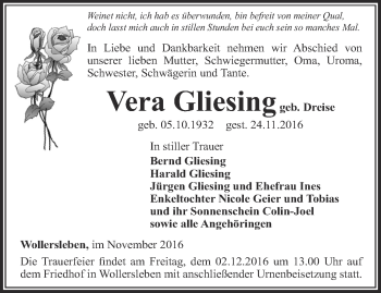 Traueranzeige von Vera Gliesing von Thüringer Allgemeine