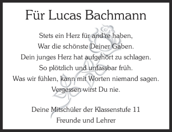 Traueranzeige von Lucas Bachmann von Thüringer Allgemeine, Thüringische Landeszeitung