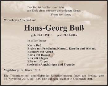 Traueranzeige von Hans-Georg Buß von Thüringer Allgemeine