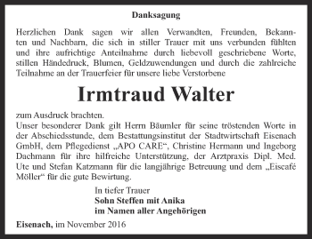 Traueranzeige von Irmtraud Walter von Thüringer Allgemeine, Thüringische Landeszeitung